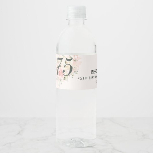 ピンクの水色の葉75番目の誕生日フローラパーティー ペットボトルラベル (正面)