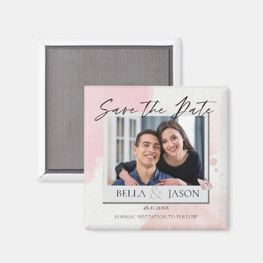 ピンクの水色の蝶の結婚式の日付を保存 マグネット (正面/裏面)