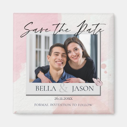 ピンクの水色の蝶の結婚式の日付を保存 マグネット (正面)