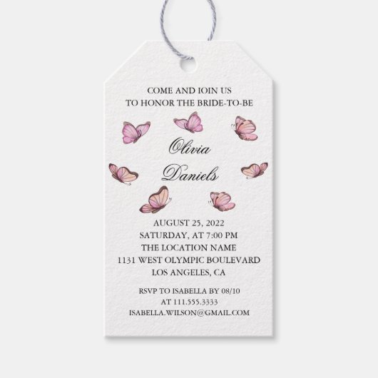 ピンクの水色の蝶。ブライダルシャワーギフトラベル ギフトタグ (正面)