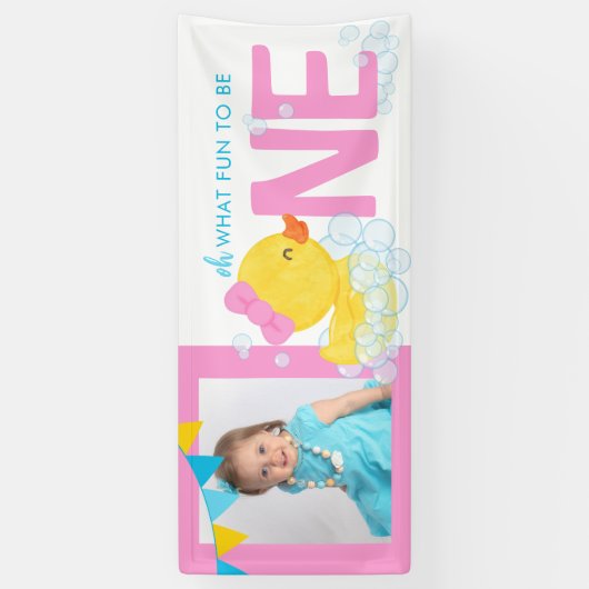 ピンクの水色アヒルOhどのようなおもしろい写真パーティー 横断幕 (縦)