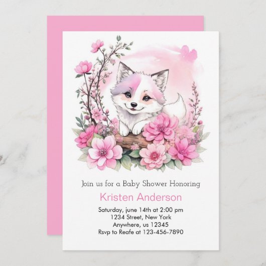 ピンクの水色ウルフブリスガールベビーシャワー 招待状 (正面/裏面)