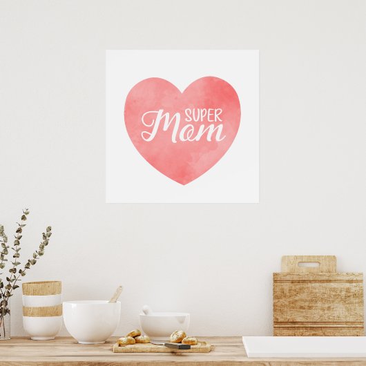 ピンクの水色ハート、すごいママ文字 ポスター (キッチン)