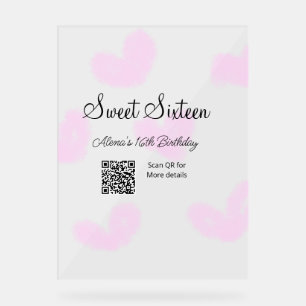 ピンクの水色ハートQRSweet sixteen誕生日 アクリルサイン