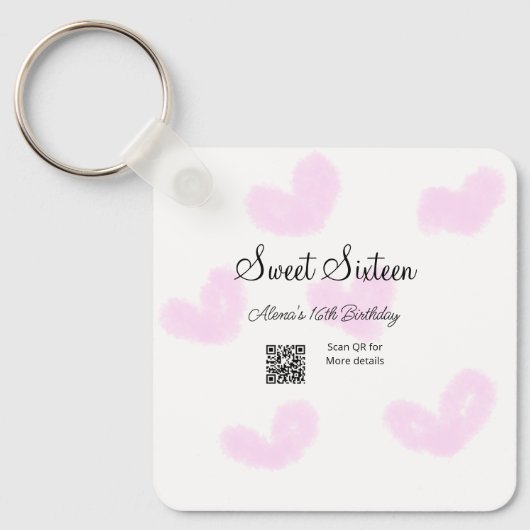 ピンクの水色ハートQRSweet sixteen誕生日 キーホルダー (正面)