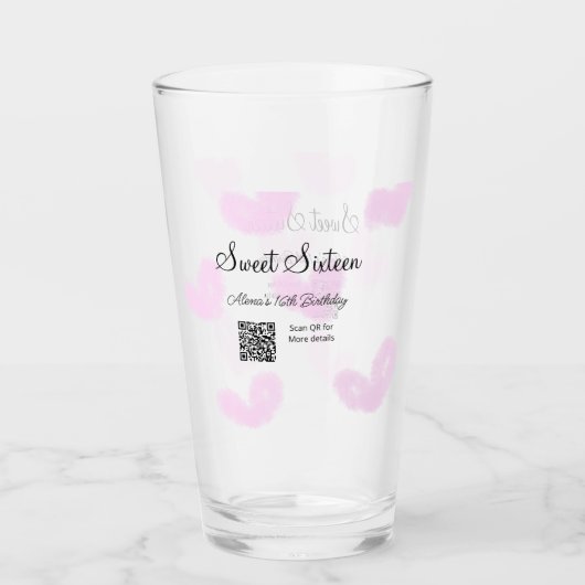 ピンクの水色ハートQRSweet sixteen誕生日 タンブラーグラス (正面)