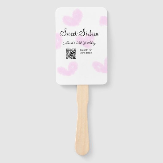 ピンクの水色ハートQRSweet sixteen誕生日 ハンドファン (正面)