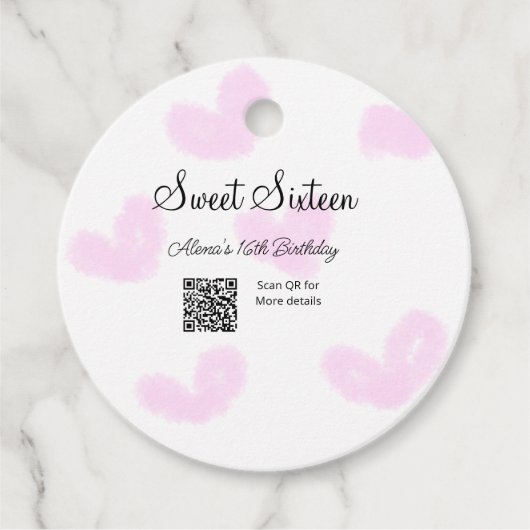 ピンクの水色ハートQRSweet sixteen誕生日 フェイバータグ (正面)