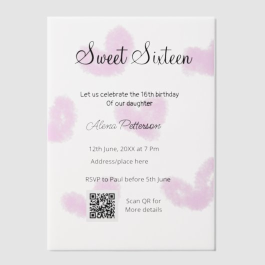 ピンクの水色ハートQRSweet sixteen誕生日 ベラム紙招待状 (正面)