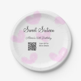 ピンクの水色ハートQRSweet sixteen誕生日 ペーパープレート