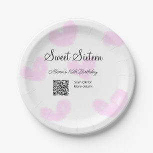 ピンクの水色ハートQRSweet sixteen誕生日 ペーパープレート