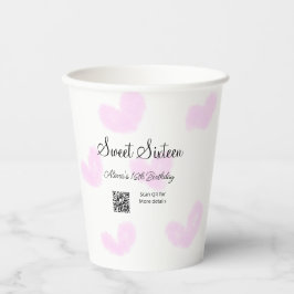 ピンクの水色ハートQRSweet sixteen誕生日 紙コップ