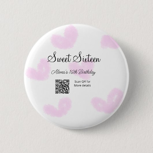 ピンクの水色ハートQRSweet sixteen誕生日 缶バッジ (正面)