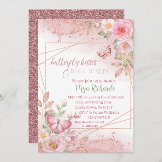 ピンクの水色バタフライキスベビーシャワー 招待状 (正面/裏面)
