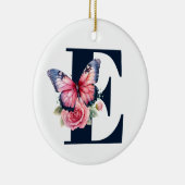 ピンクの水色バラバタフライネイビーモノグラム写真 セラミックオーナメント (右)