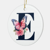 ピンクの水色バラバタフライネイビーモノグラム写真 セラミックオーナメント (左)