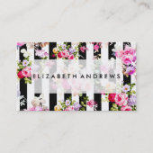 ピンクの水色バラ白黒ストライプ 名刺 (正面)