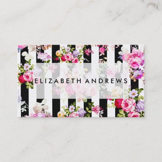 ピンクの水色バラ白黒ストライプ 名刺 (正面)