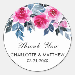 ピンクの水色バラ結婚ズサンキュー ラウンドシール