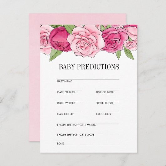 ピンクの水色バラ赤ちゃんシャワー予測カード 案内ポストカード (正面/裏面)