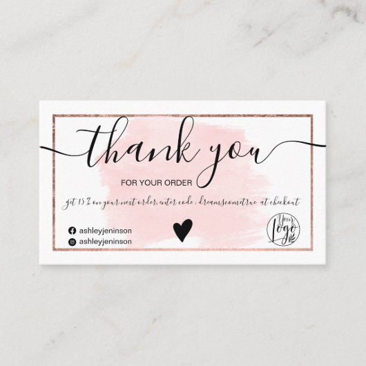 ピンクの水色バラ金ゴールドフォイル感謝してい注文あなた 名刺 (正面)