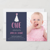 ピンクの水色パーティーハット1st誕生日パーティー写真 招待状 (正面)