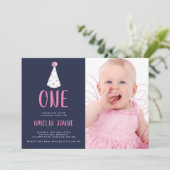 ピンクの水色パーティーハット1st誕生日パーティー写真 招待状 (スタンド正面)