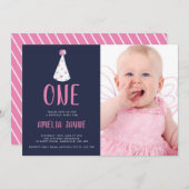 ピンクの水色パーティーハット1st誕生日パーティー写真 招待状 (正面/裏面)