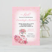 ピンクの水色フラミンゴバレリーナ赤ちゃんシャワー 招待状 (スタンド正面)