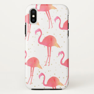 ピンクの水色フラミンゴパターン金ゴールドきらめき iPhone X ケース