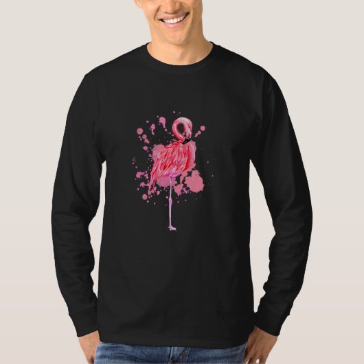 ピンクの水色フラミンゴ女性鳥画 Tシャツ (正面)