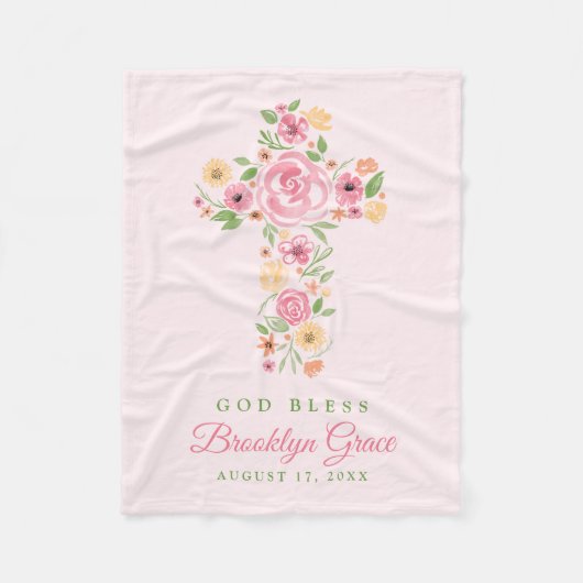 ピンクの水色フラワークロスバプテスマ/《キリスト教》洗礼式や命名式 フリースブランケット (正面)