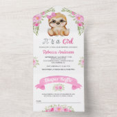 ピンクの水色フローラかわいいナマケモノ赤ちゃんシャワー オールインワン招待状 (内側)