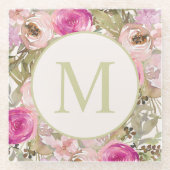 ピンクの水色フローラセージ緑の葉モノグラム ガラスコースター (正面)