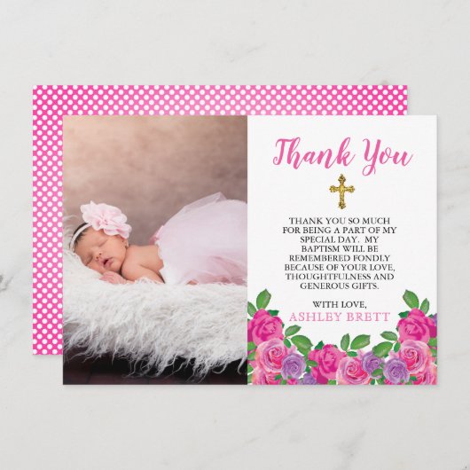 ピンクの水色フローラバプテスマ写真ありがとう サンキューカード (正面/裏面)