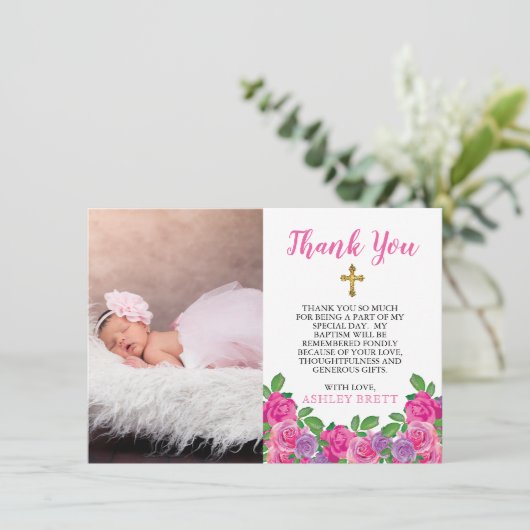 ピンクの水色フローラバプテスマ写真ありがとう サンキューカード (スタンド正面)