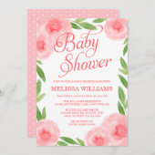 ピンクの水色フローラリーフガールベビーシャワー 招待状 (正面/裏面)
