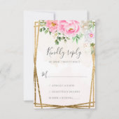 ピンクの水色フローラ牡丹結婚幾何 出欠カード (正面)