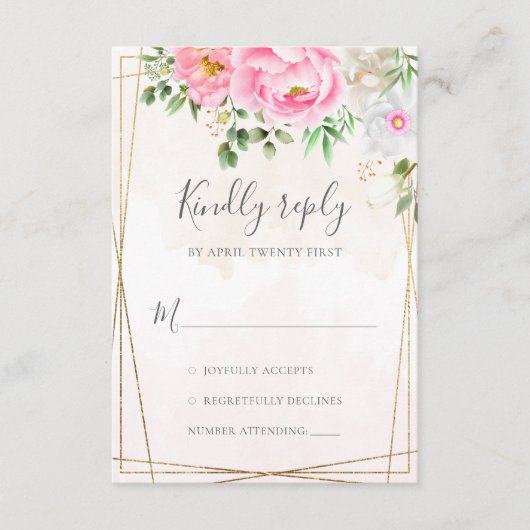 ピンクの水色フローラ牡丹結婚幾何 出欠カード (正面)