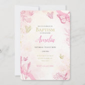 ピンクの水色フローラ蝶の写真バプテスマ 招待状 (正面)