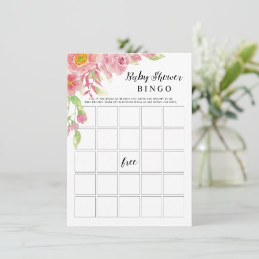 ピンクの水色フローラ赤ちゃんシャワービンゴゲームカード エンクロージャーカード (スタンド正面)