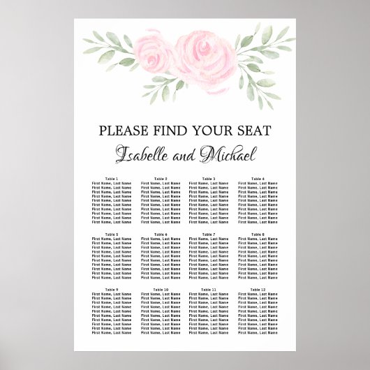 ピンクの水色フローラ12テーブル座席表 ポスター (正面)