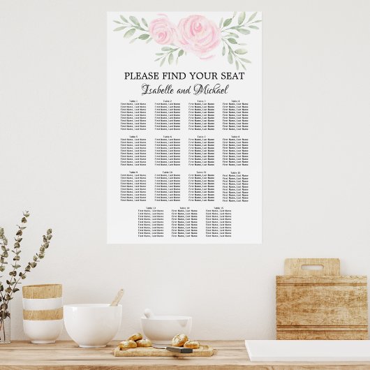 ピンクの水色フローラ15テーブル座席表 ポスター (キッチン)