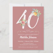 ピンクの水色フローラ40th誕生日パーティー 招待状 (正面)