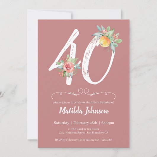 ピンクの水色フローラ40th誕生日パーティー 招待状 (正面)