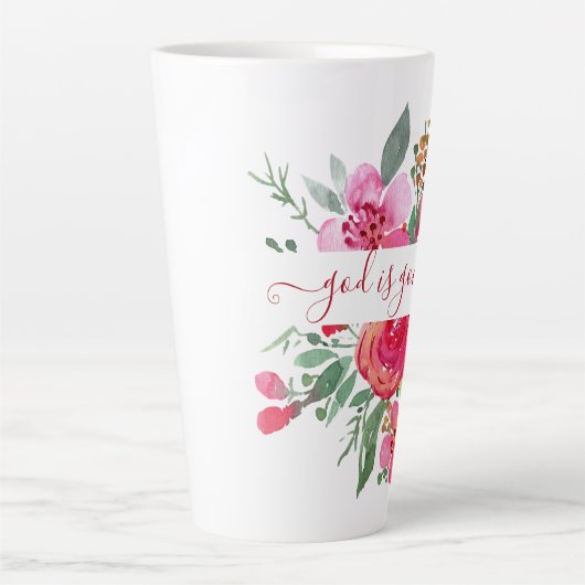 ピンクの水色フローラ"神は良い"ラテマグカップ カフェラテマグ (正面)