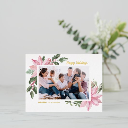 ピンクの水色ポインセチアのフレームフォト 箔シーズンポストカード (立ち正面)