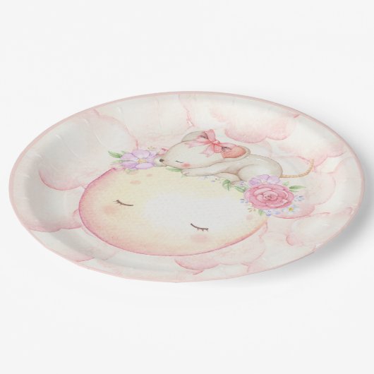 ピンクの水色ムーンスターズマウスフローラ ペーパープレート (アングル)