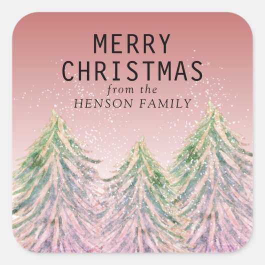 ピンクの水色メリークリスマスツリー芸術的 スクエアシール (正面)