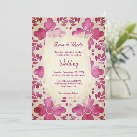 ピンクの水色モザイクメキシコ結婚式招待状 招待状 (スタンド正面)